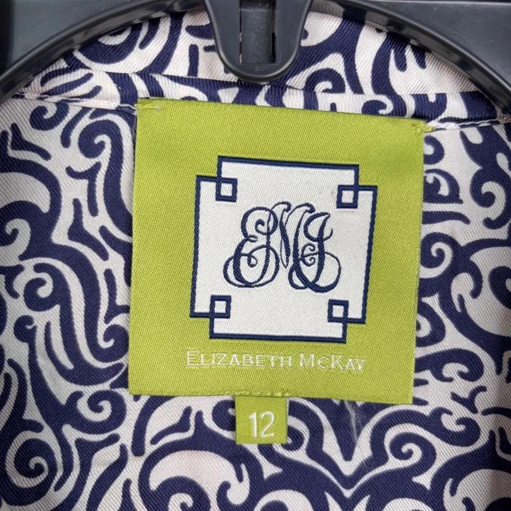 Elizabeth McKay Blouse Womens 12 Navy White Lion Print Silk Ruffle Preppy - Picture 2 of 7